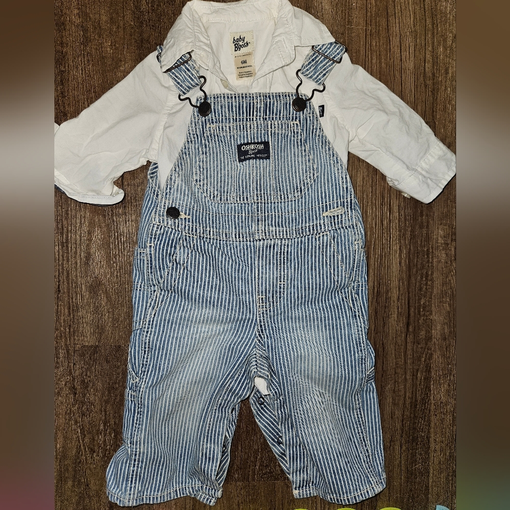 Baby bigosh Knit-Like Denim Hickory Stripe Overalls with classic white button-up